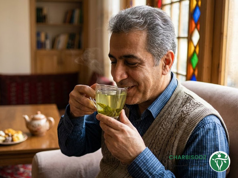 مرد در حال نوشیدن فنجان چای سبز
